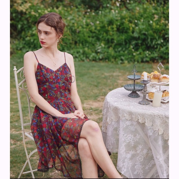 NWT Simple Retro Burgandy Sheer Floral Mini Dress Size M Runs Small - Picture 11 of 11